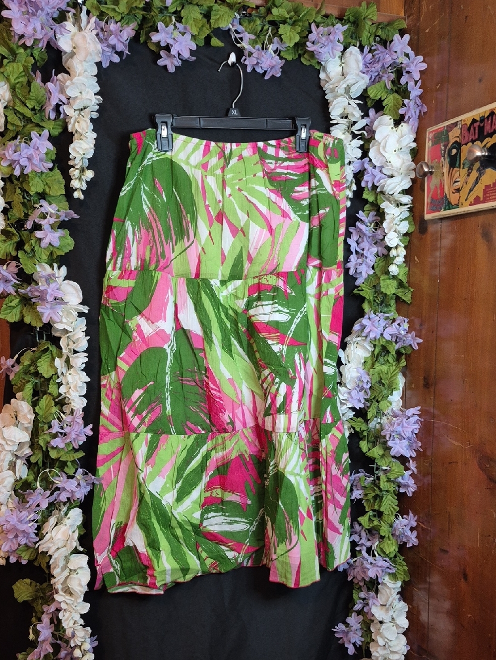 Ruby Rd. Tropical Tiered Maxi Skirt in Green & Pink
